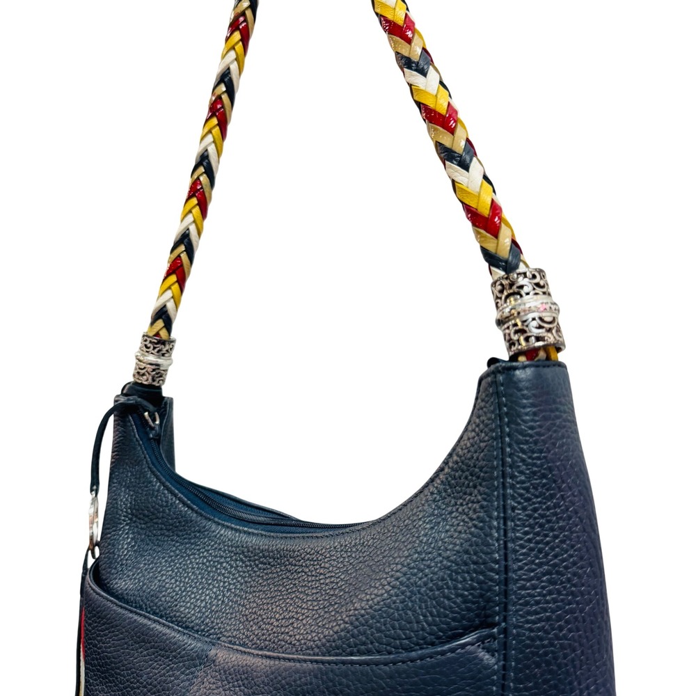 Brighton Navy Blue Pebbled Leather Hobo Bag Braided Multi Color Strap D946462 - Picture 3 of 11